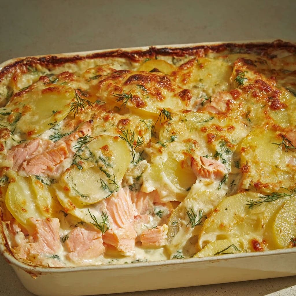 Đĩa gratin khoai tây cá hồi vàng óng, lớp phô mai chảy thơm phức, điểm vài nhánh thì là tươi